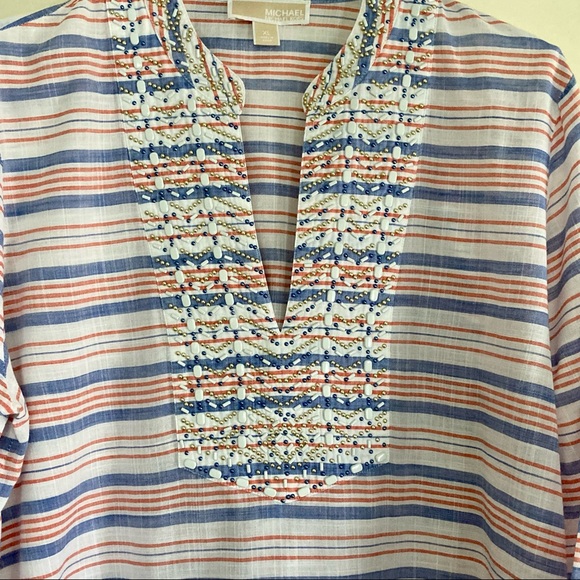 MICHAEL Michael Kors Beaded Tunic, White w/ Red & Blue Strip… - Picture 3 of 12